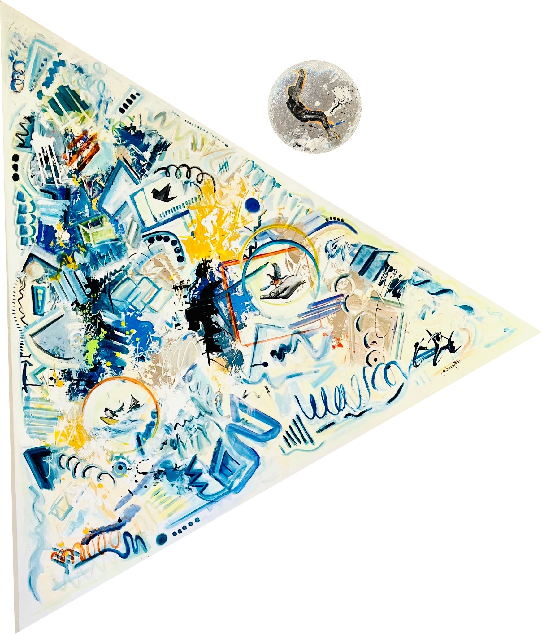 Have Fun - Díptico Pintura Acrílica Original sobre Bastidor Triangular de 190 cm x 190 cm y Bastidor Circular de 30 x 30 cm