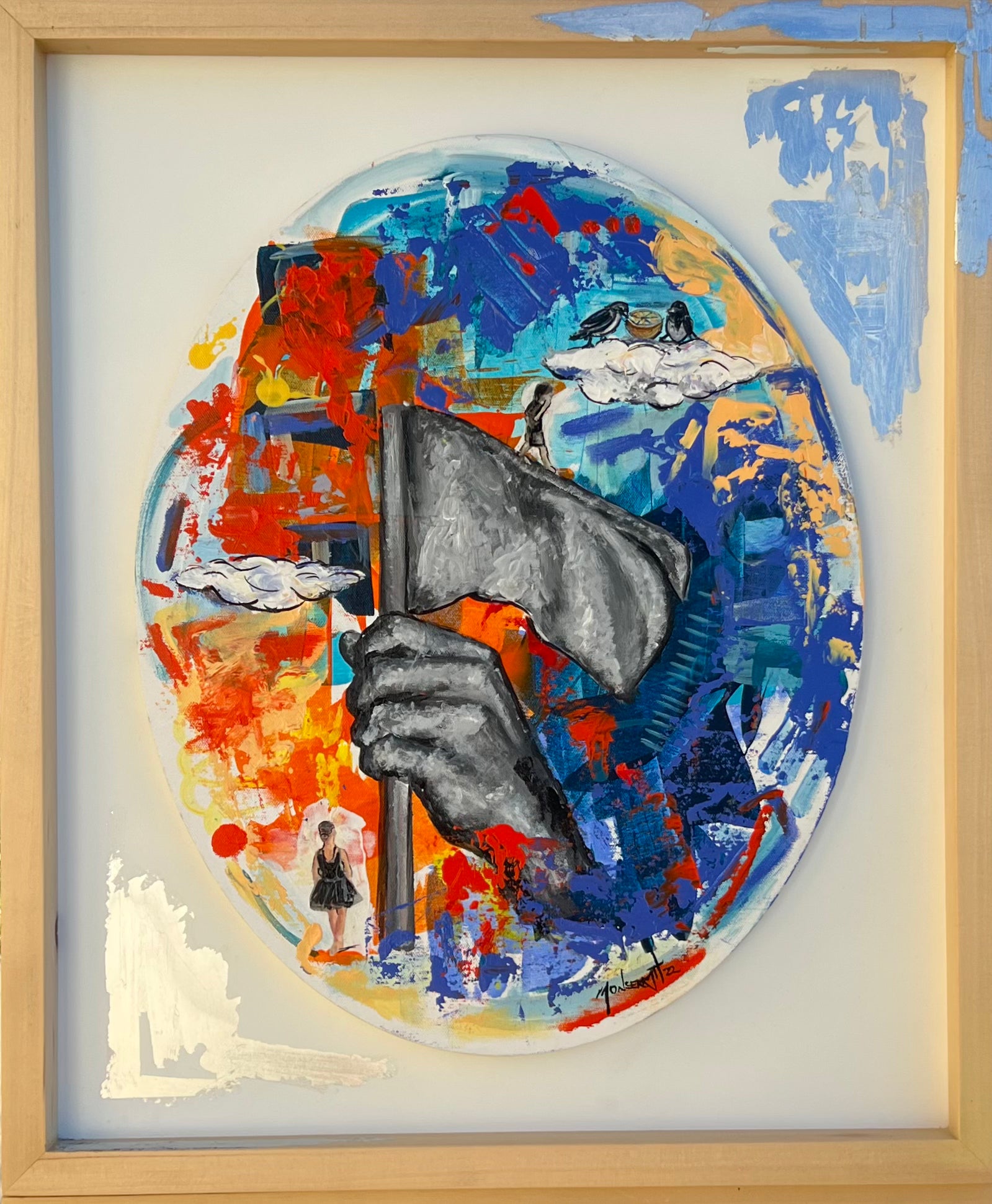 P.A.Z. - Obra Original en Acrílico con Hoja de Plata sobre Bastidor Ovalado 65x55cm